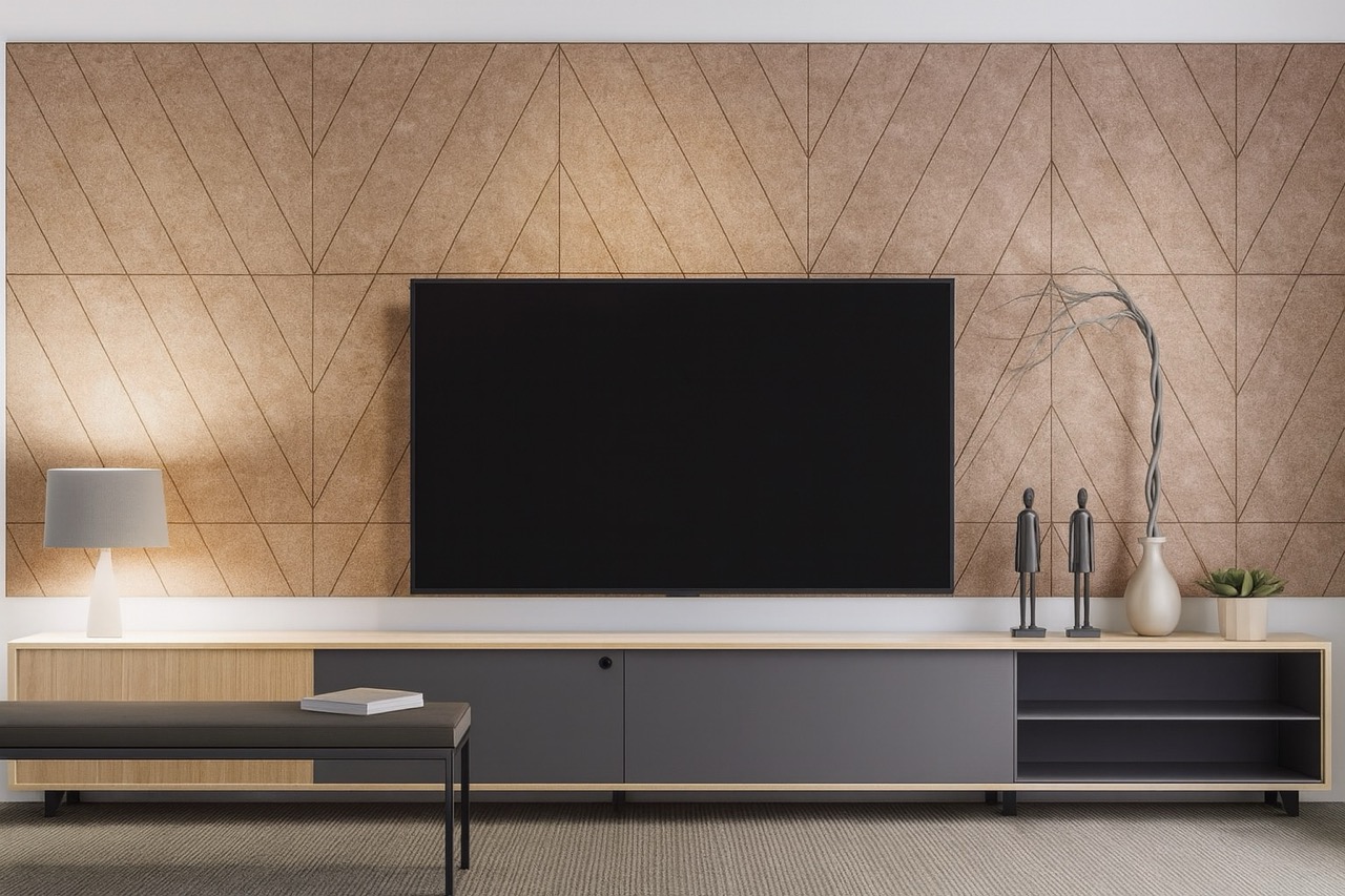 Ścienne panele akustyczne TileFlex za telewizorem  w aranżacji wnętrza salonu