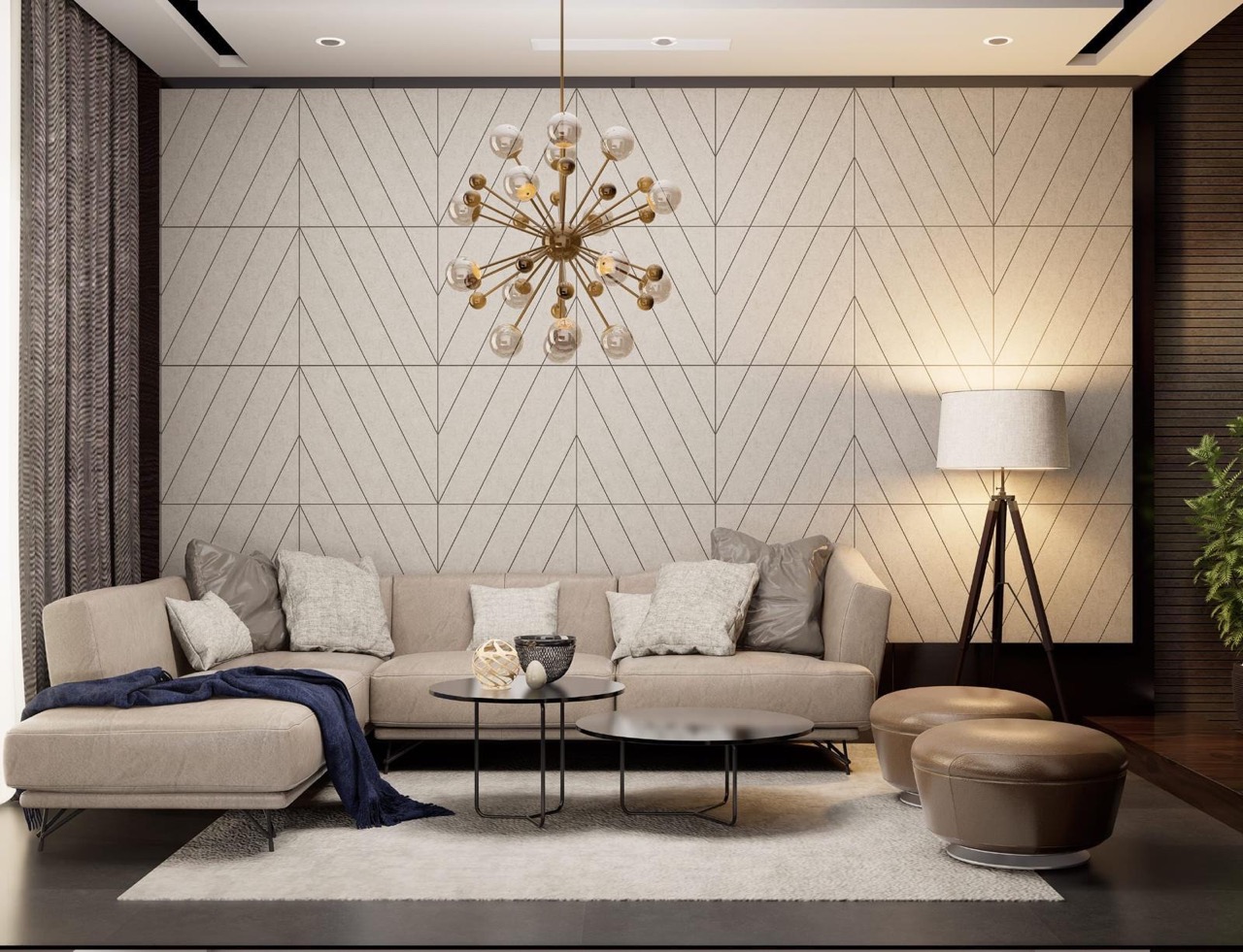 Nowoczesny salon z wygłuszającymi panelami akustycznymi na ścianie