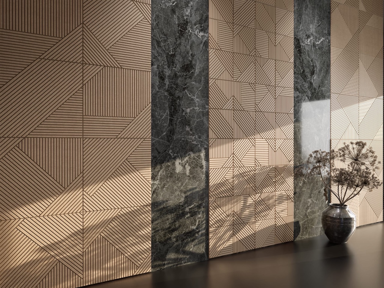 Dekoracyjne panele akustyczne TileScratch na ścianie w eleganckiej realizacji